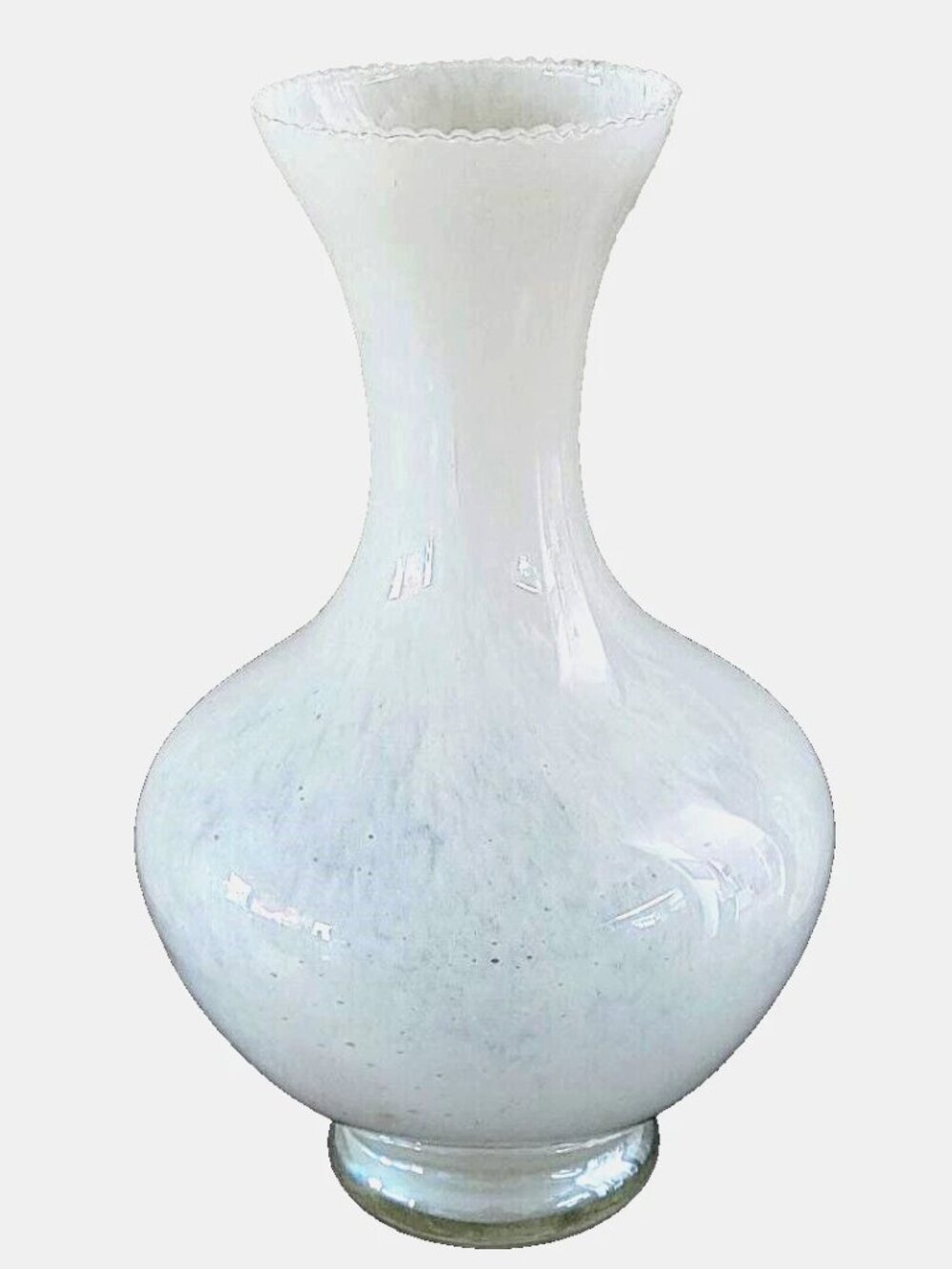Vase Hand Blown White Opaline Glass with Rippled Rim Large 23" Round 12" Tall